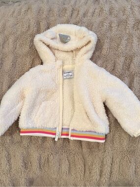 Old Navy Cream Sherpa Zip Hoodie with Rainbow Stripe Hem